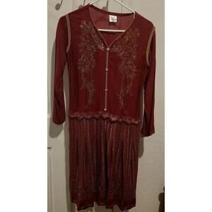 Women's Vintage Long Sleeve Gold Embroidered Pari Dress Lined Burgundy
